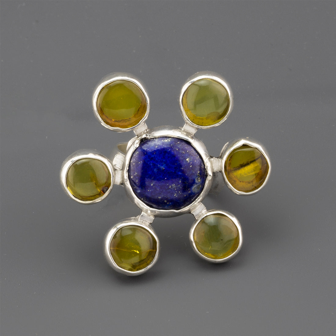 Solar Bloom Amber & Lapis Ring