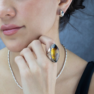 Chunky Silver and Amber Marquise Ring