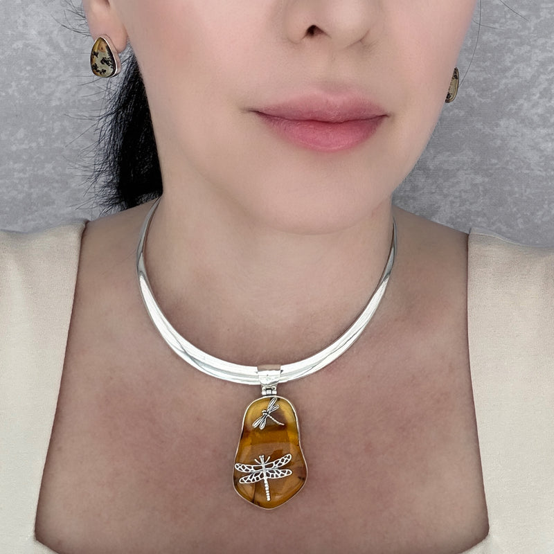 Two Dragonflies Amber Pendant