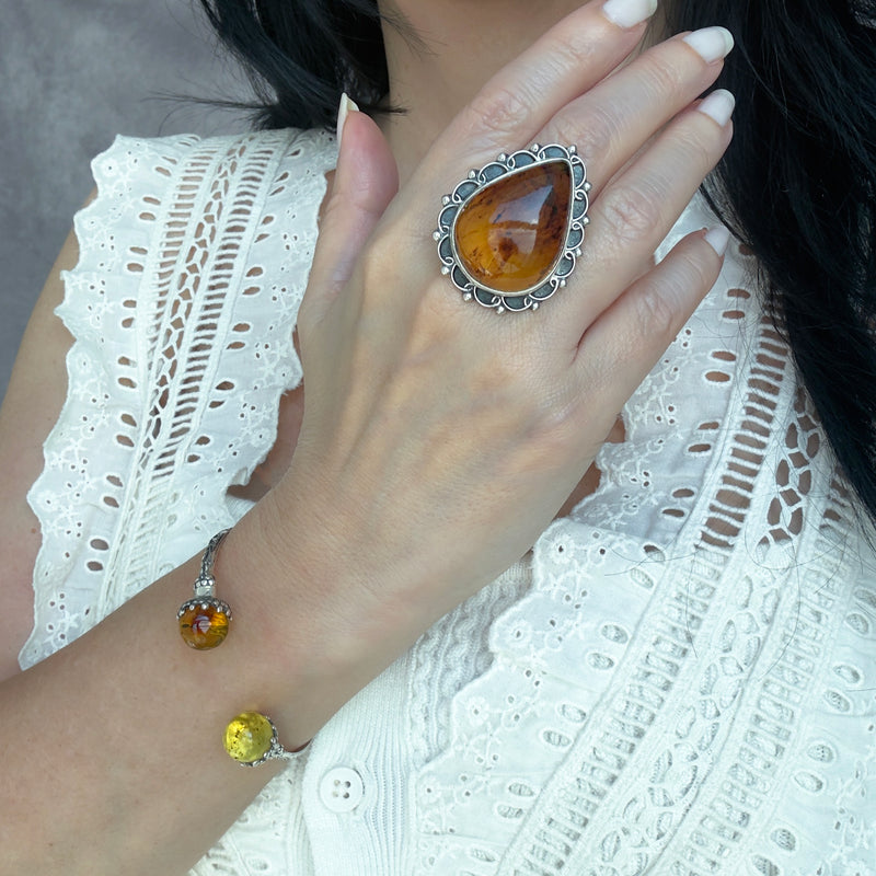 amber kiss large sterling silver ring
