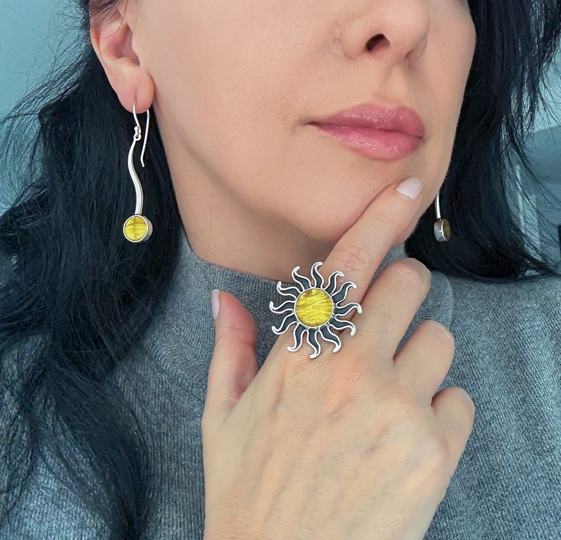 Long Silver and Amber Dangle Earrings