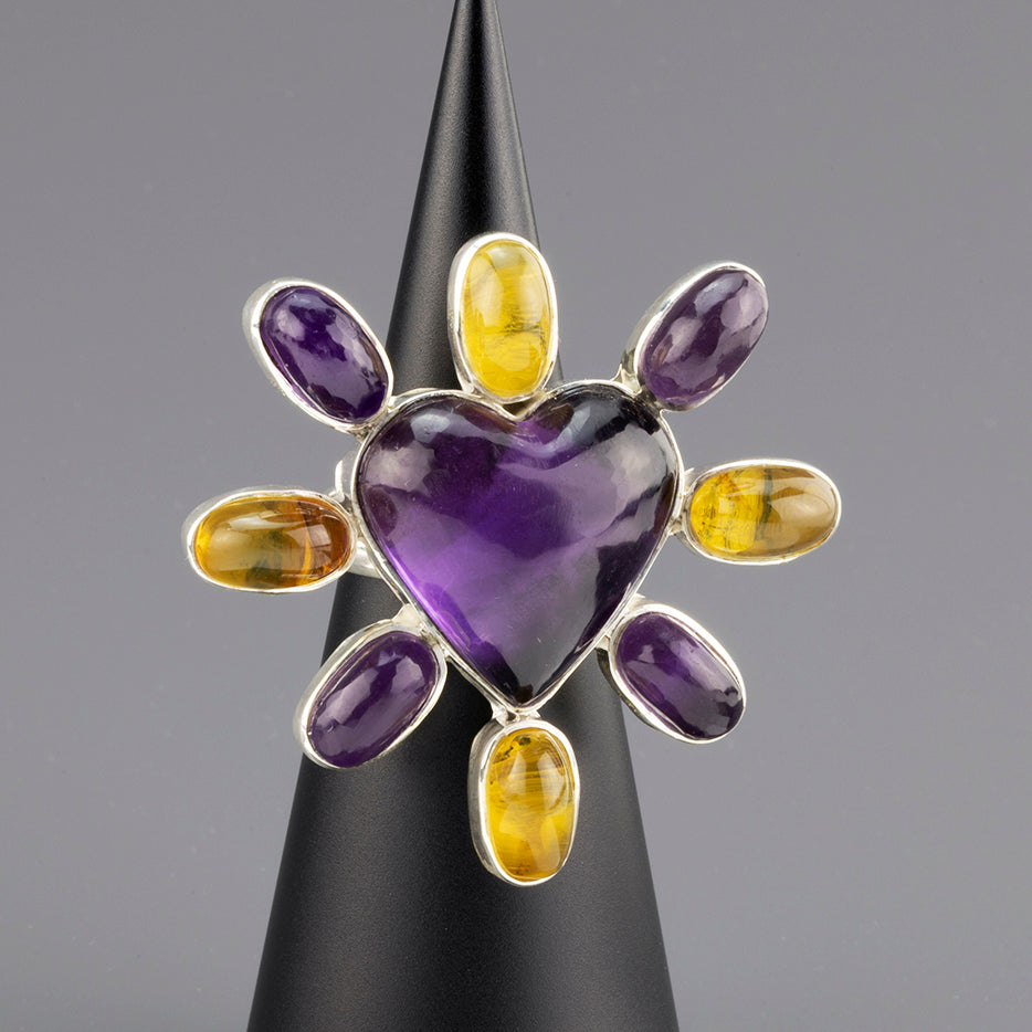 amethyst and amber heart statement ring