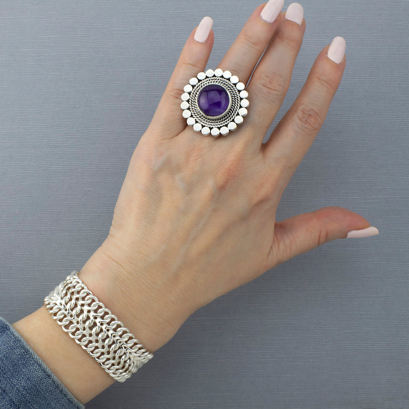 chunky sterling silver and amethyst bohemian ring