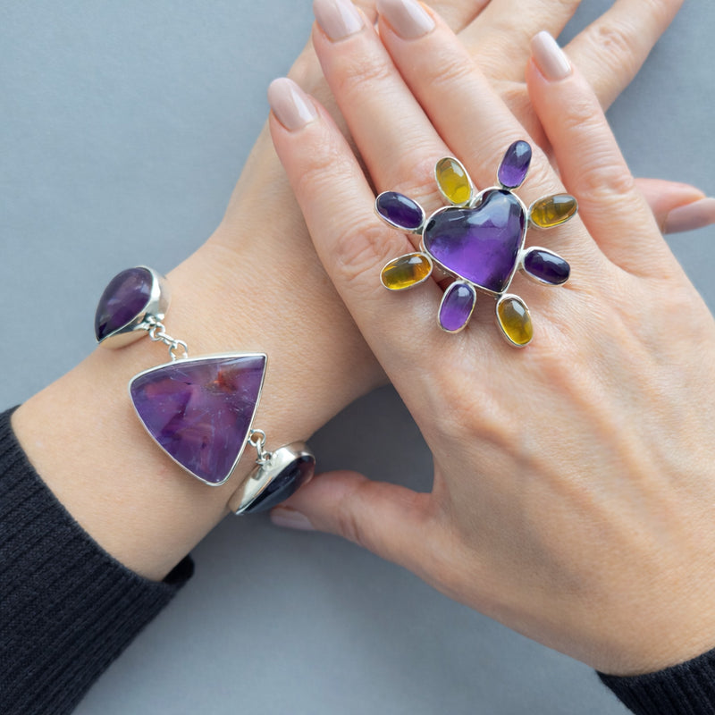 amethyst and amber heart statement ring