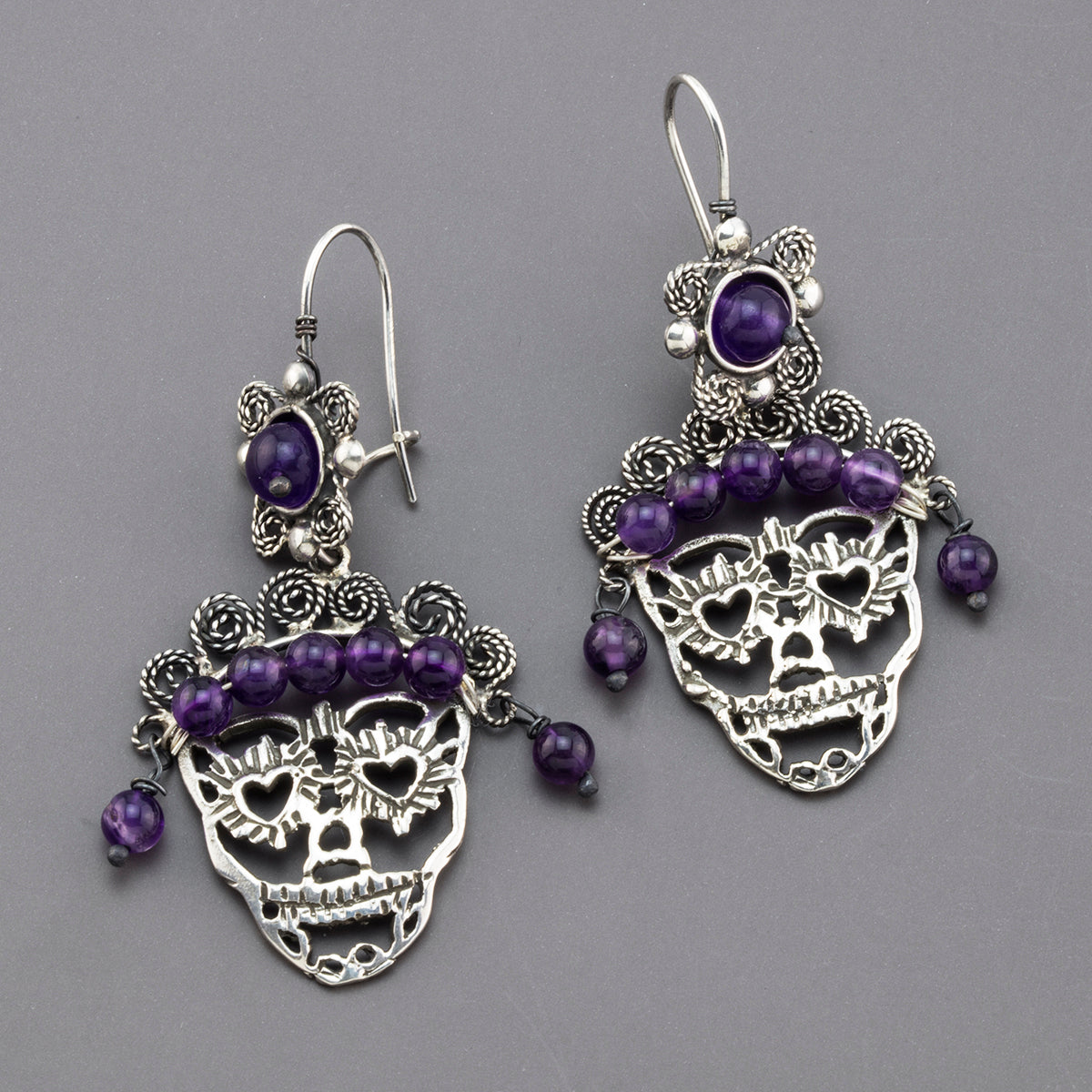amethyst sugar skull filigree earrings