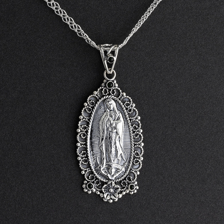 antique silver virgin Mary filigree pendant necklace