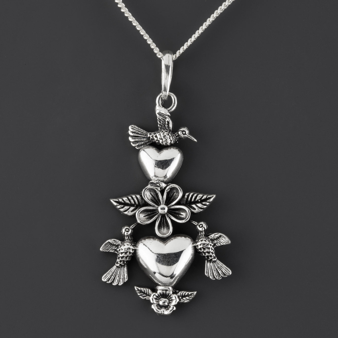 frida inspired hummingbirds and hearts pendant