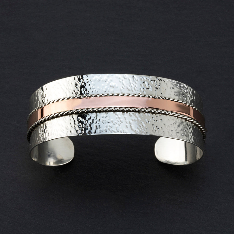 artisan hammered silver and copper cuff bracelet
