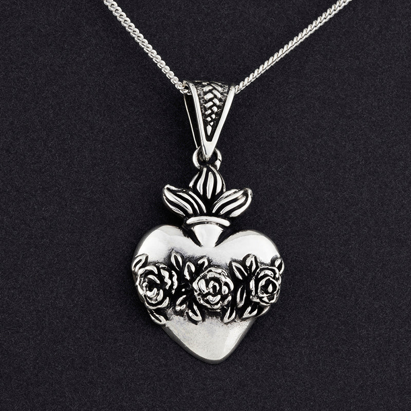 artisan silver flaming heart and flowers pendant necklace