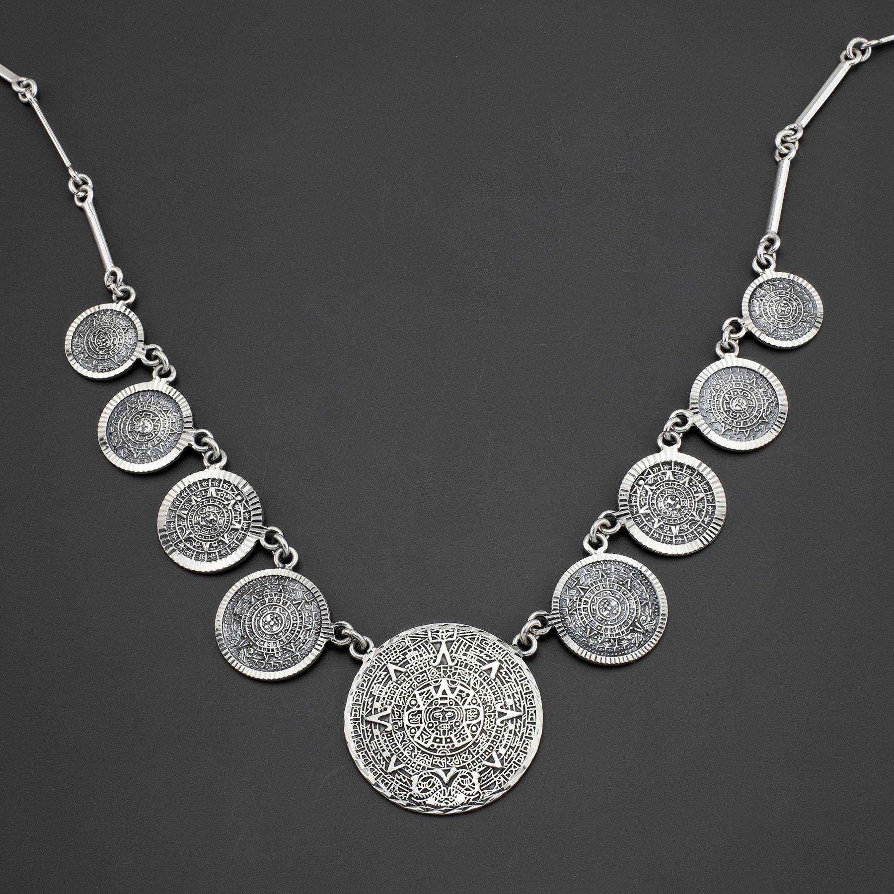 Aztec calendar Mexican silver necklace