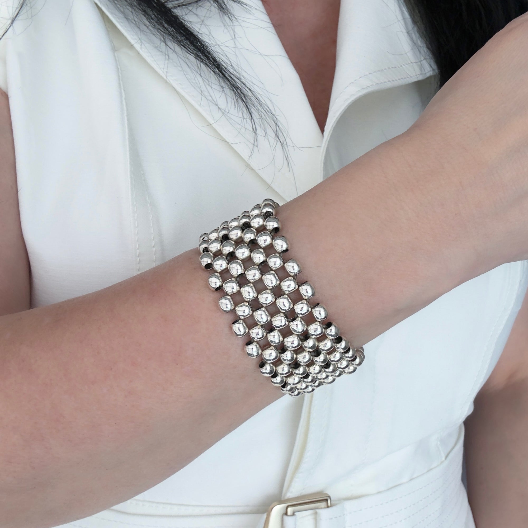 Large Elastic Sterling Silver Bead Bracelet | Stretch Bracelet
