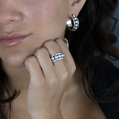 Beaded Taxco Silver Hoop Earrings