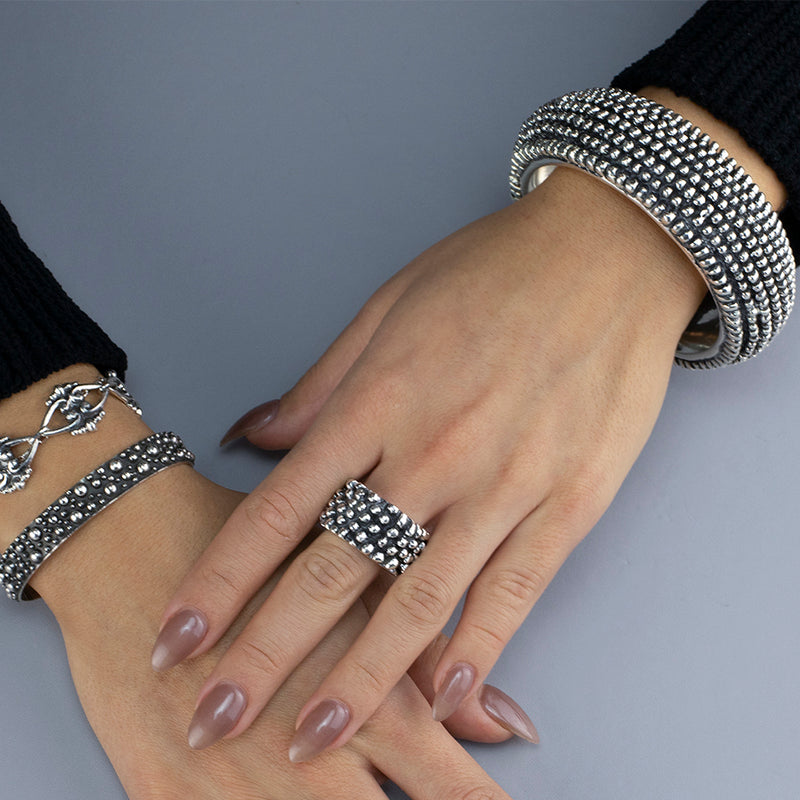 chunky silver beaded wide band ring