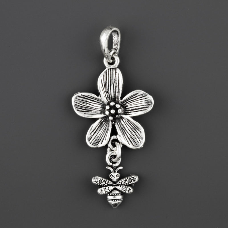 bee flower handmade silver pendant