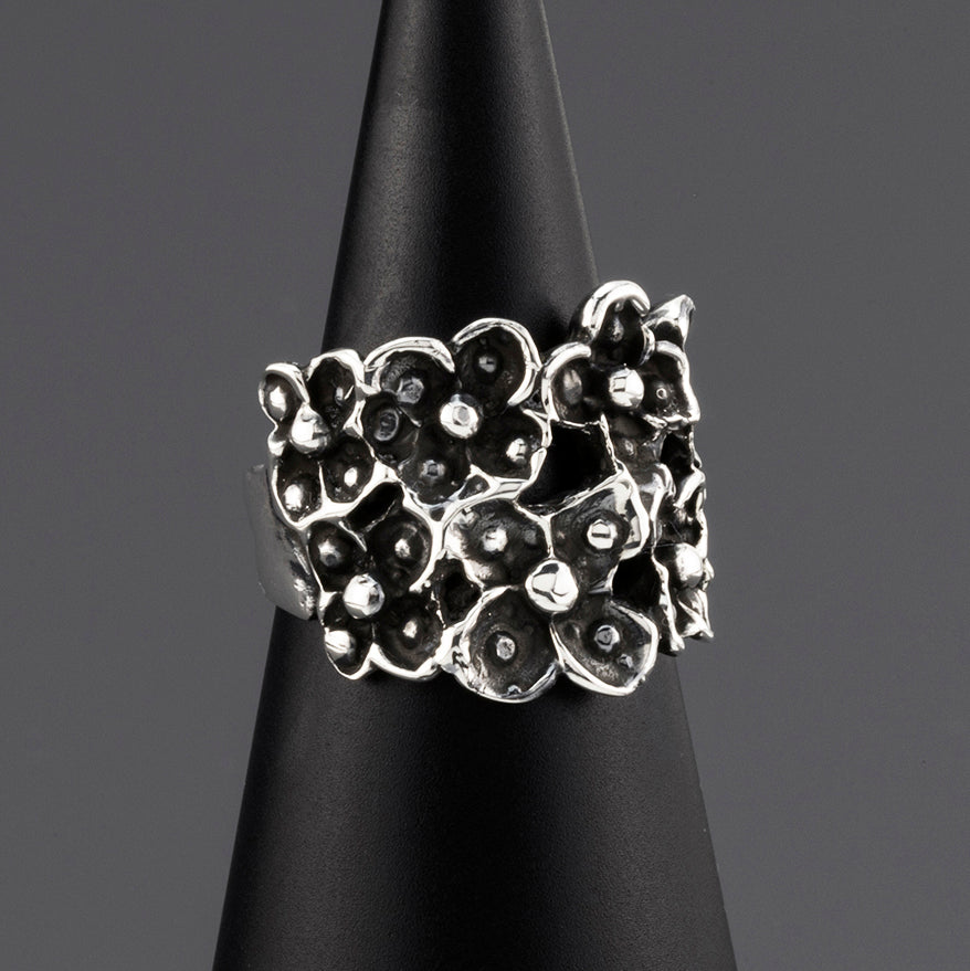 blackened sterling silver wide band flower ring