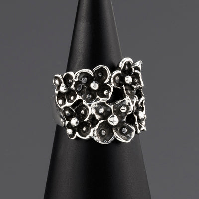 blackened sterling silver wide band flower ring