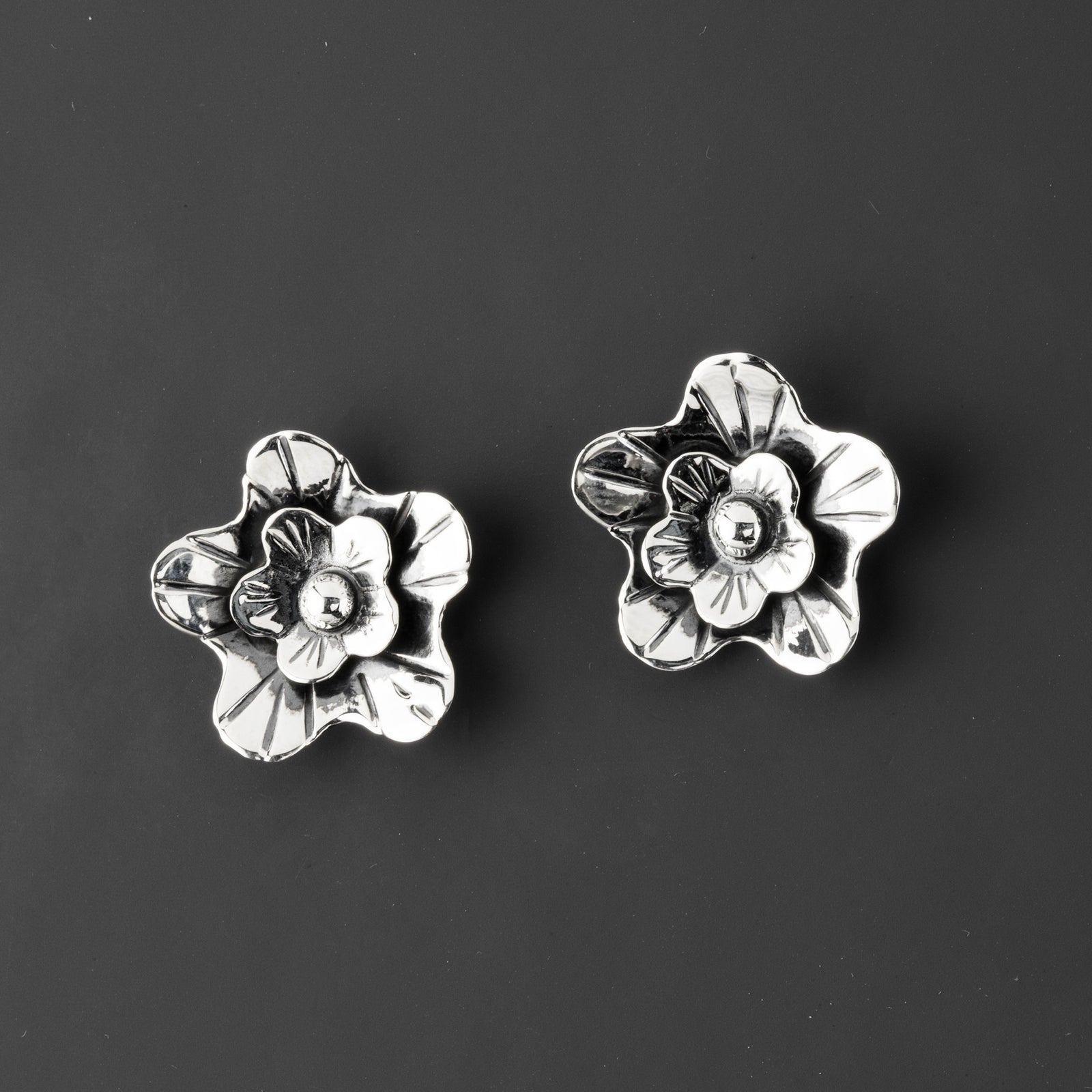 bloom button Taxco silver stud earrings