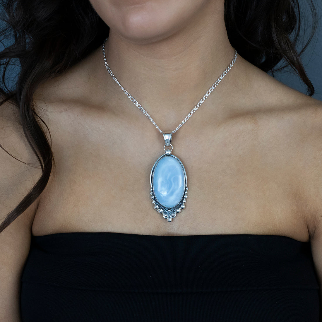 Large Blue Lace Agate Sterling Silver Pendant - Reveka Rose
