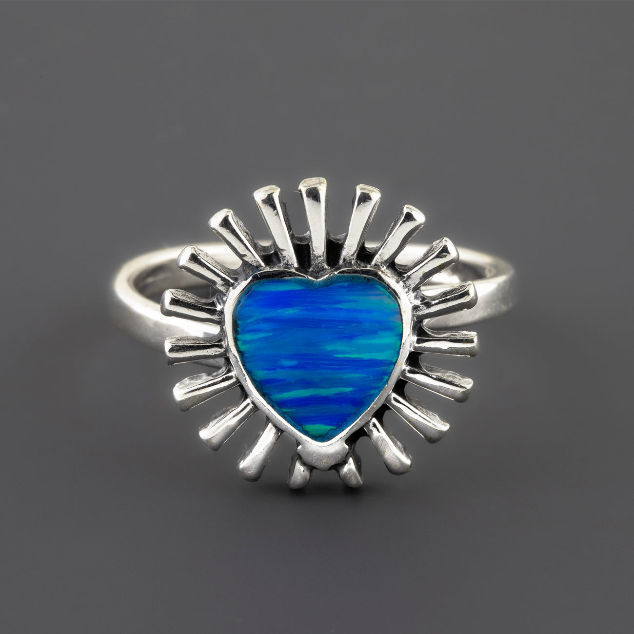 blue opal sunburst heart sterling silver  ring