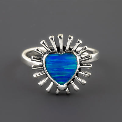 blue opal sunburst heart sterling silver  ring