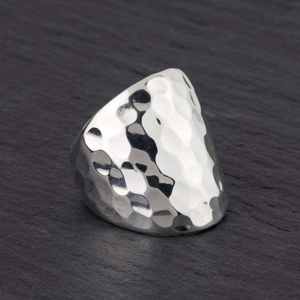 bold chunky hammered silver wide band ring