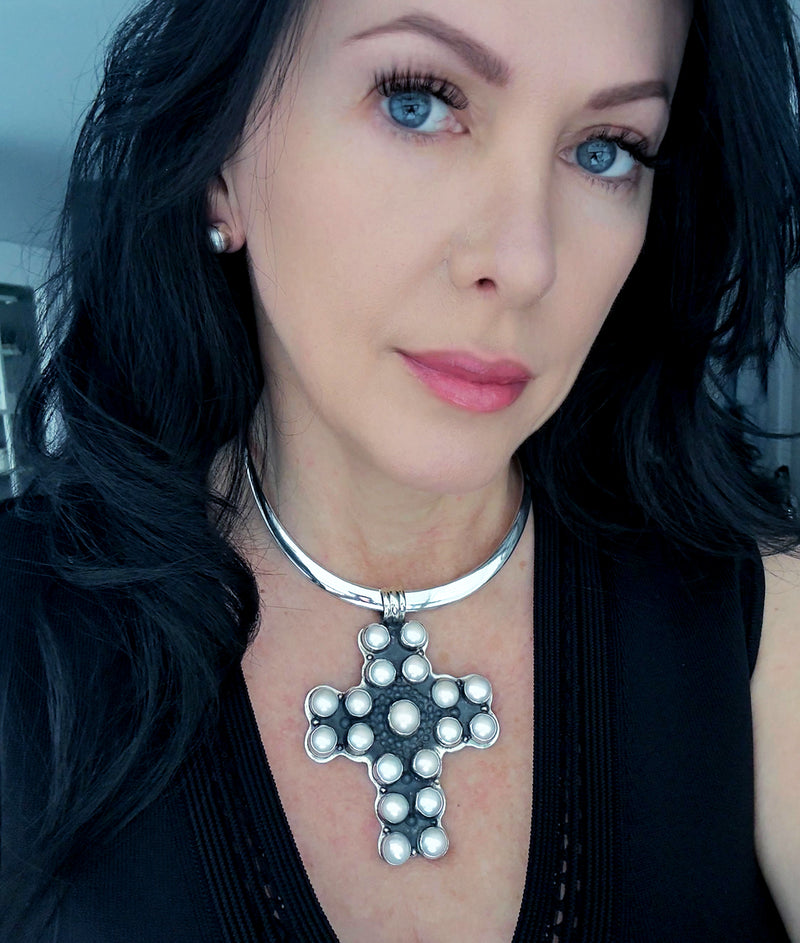bold large pearl cross pendant