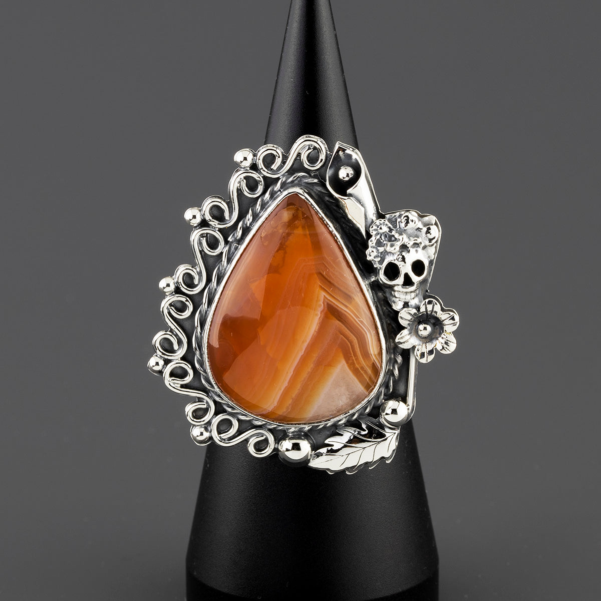 calavera flame carnelian silver ring
