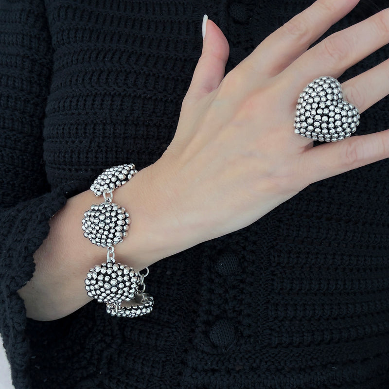 electroformed silver beaded heart ring