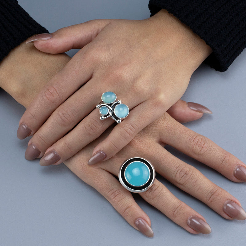 blue chalcedony triple stone ring