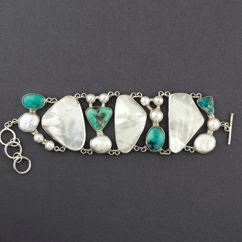 huge mother of pearl and turquoise stone silver bracelet