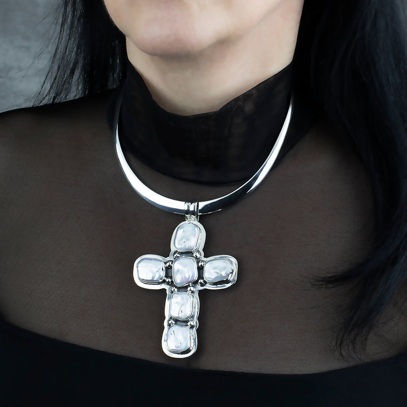 oversized silver and pearl cross necklace