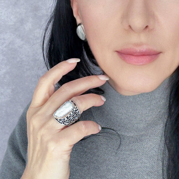 Biwa Pearl Ring in Sterling Silver – Adjustable Artisan Ring