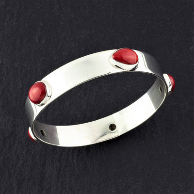 chunky silver and red coral stone bangle