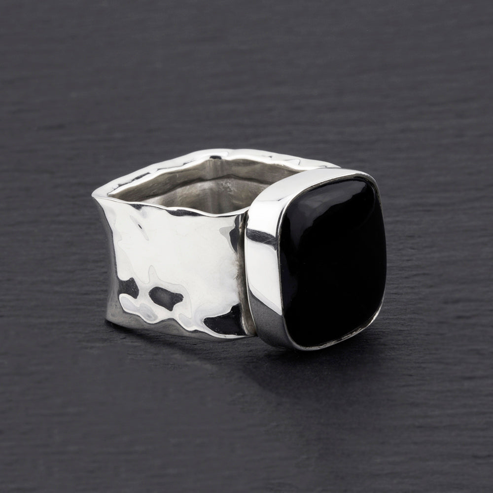 chunky square black obsidian wide band silver ring