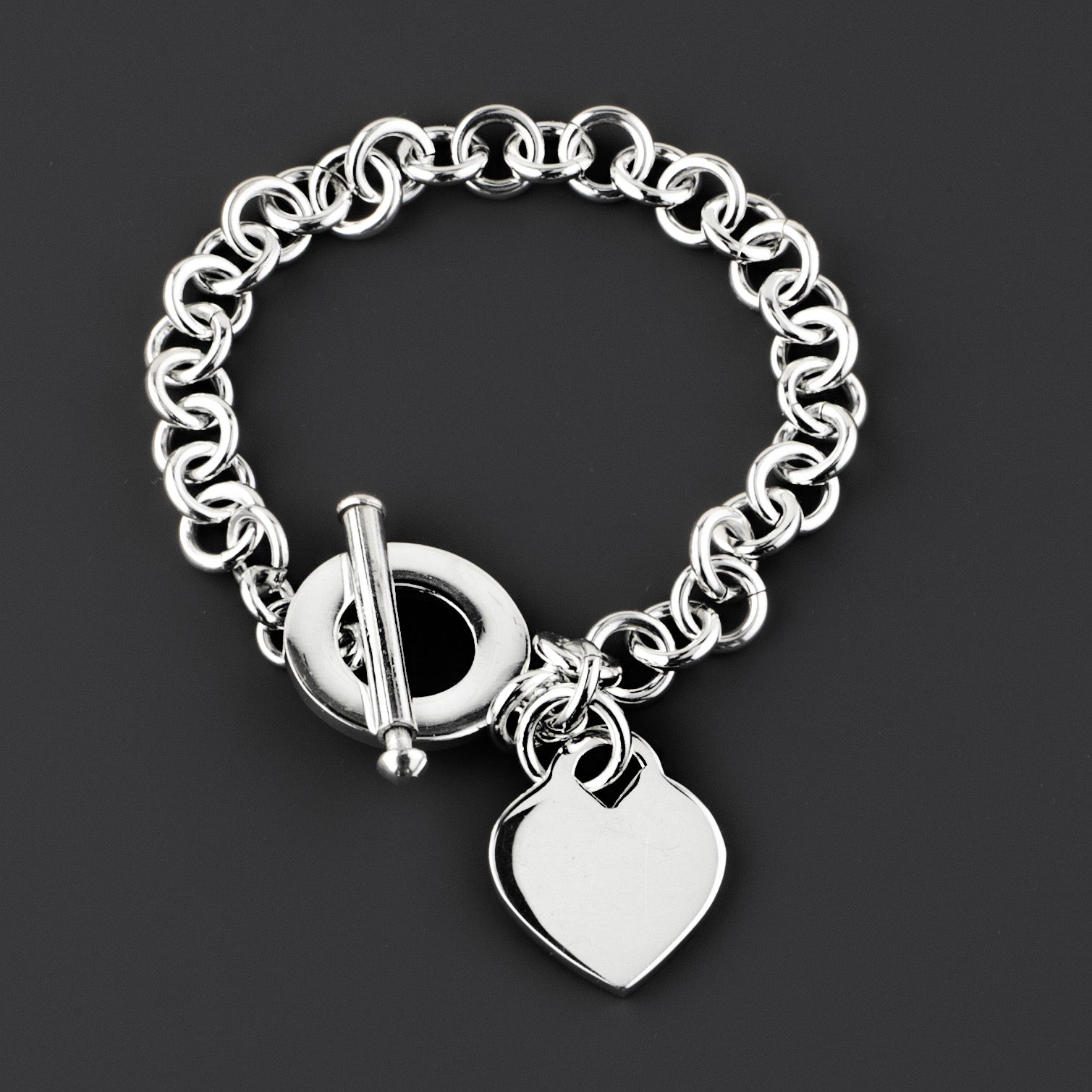 chunky sterling silver heart charm toggle bracelet