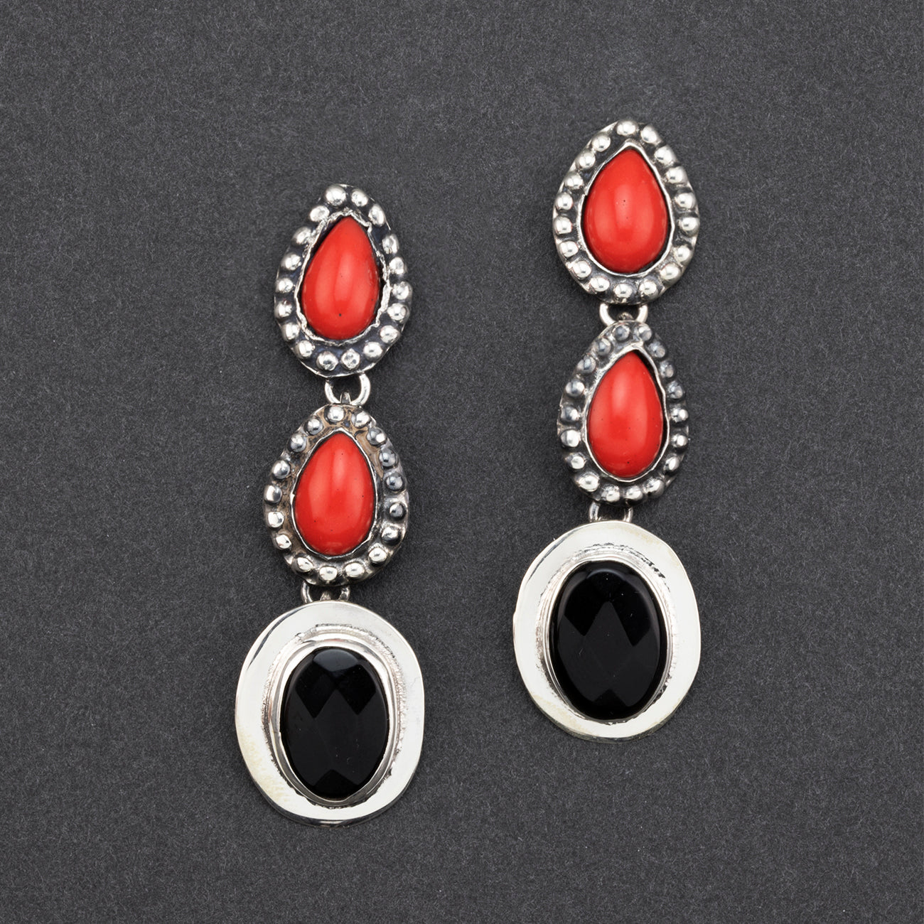 Coral and Onyx Dangle Earrings