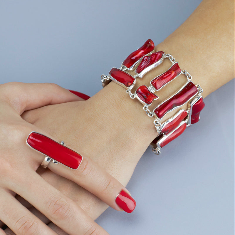 large red coral silver bracelet