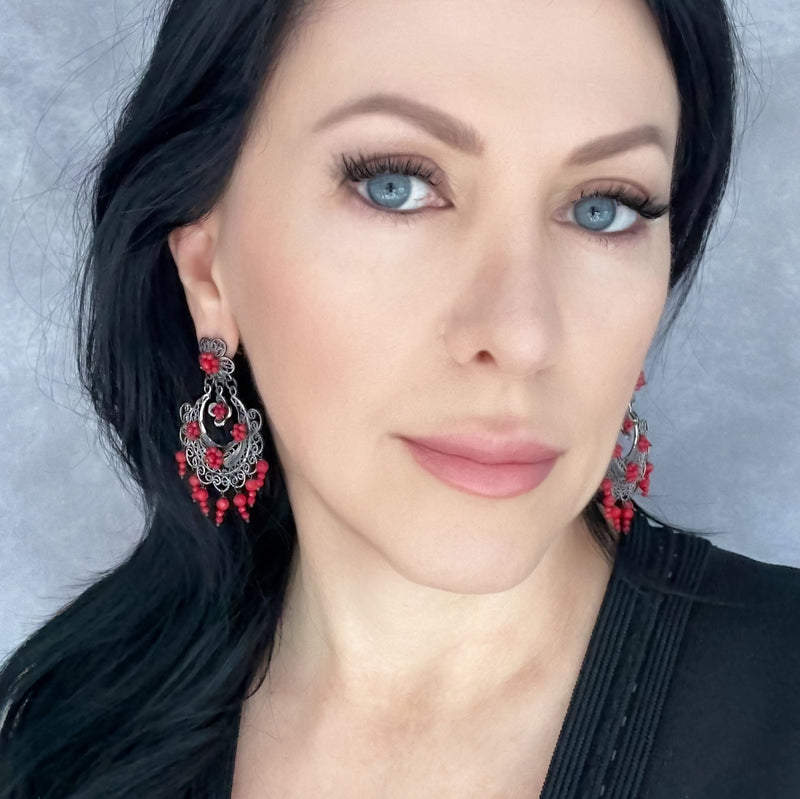 coral serenata Mexican filigree earrings