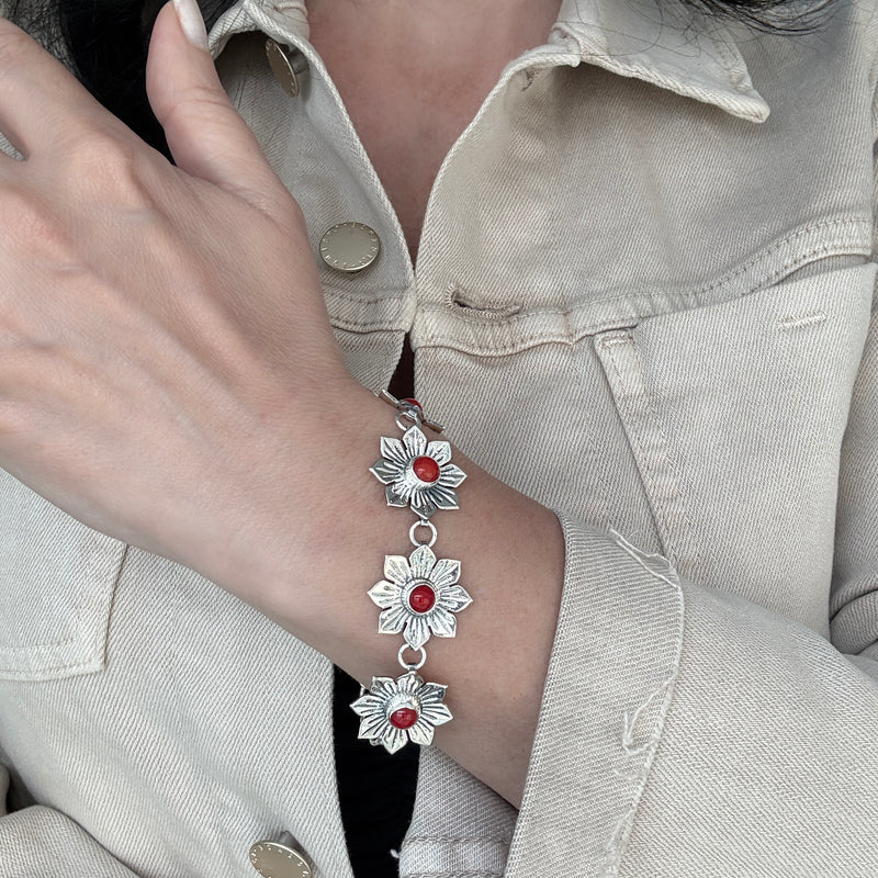 red coral sterling silver flower link bracelet
