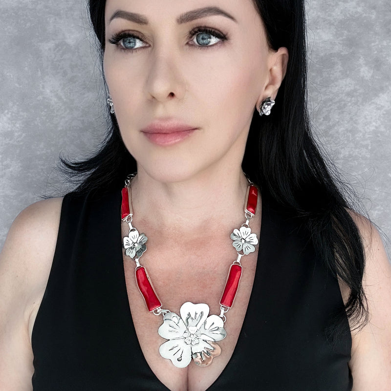 red coral floral statement necklace