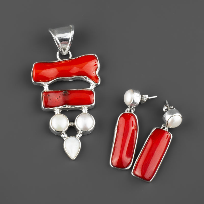 Red Coral and Pearl Earrings