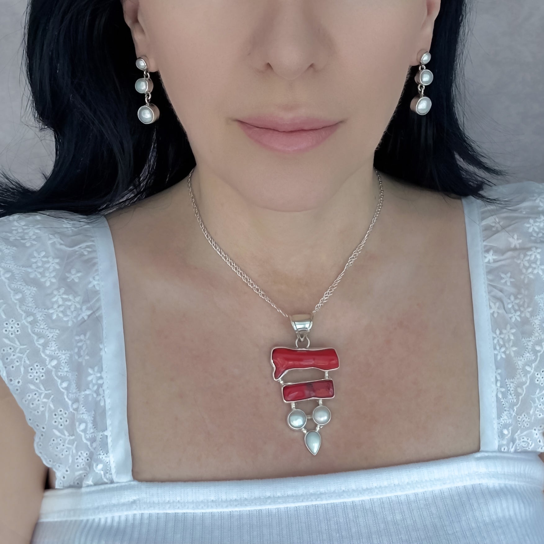 Red Coral and Pearl Pendant