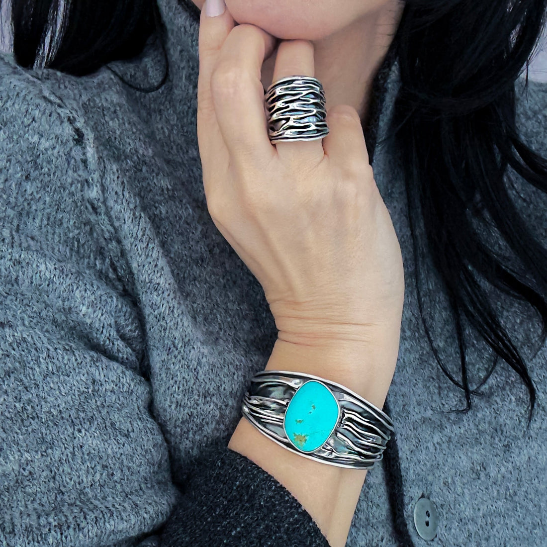 Turquoise Flow Mexican Silver Cuff Bracelet
