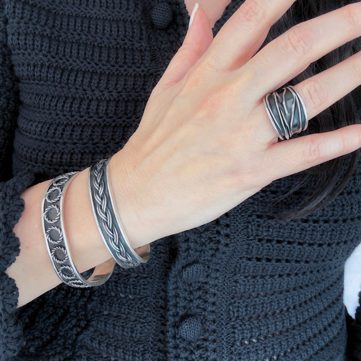 Corrugated Mexican Sterling Silver Wide Band Ring - Reveka Rose
