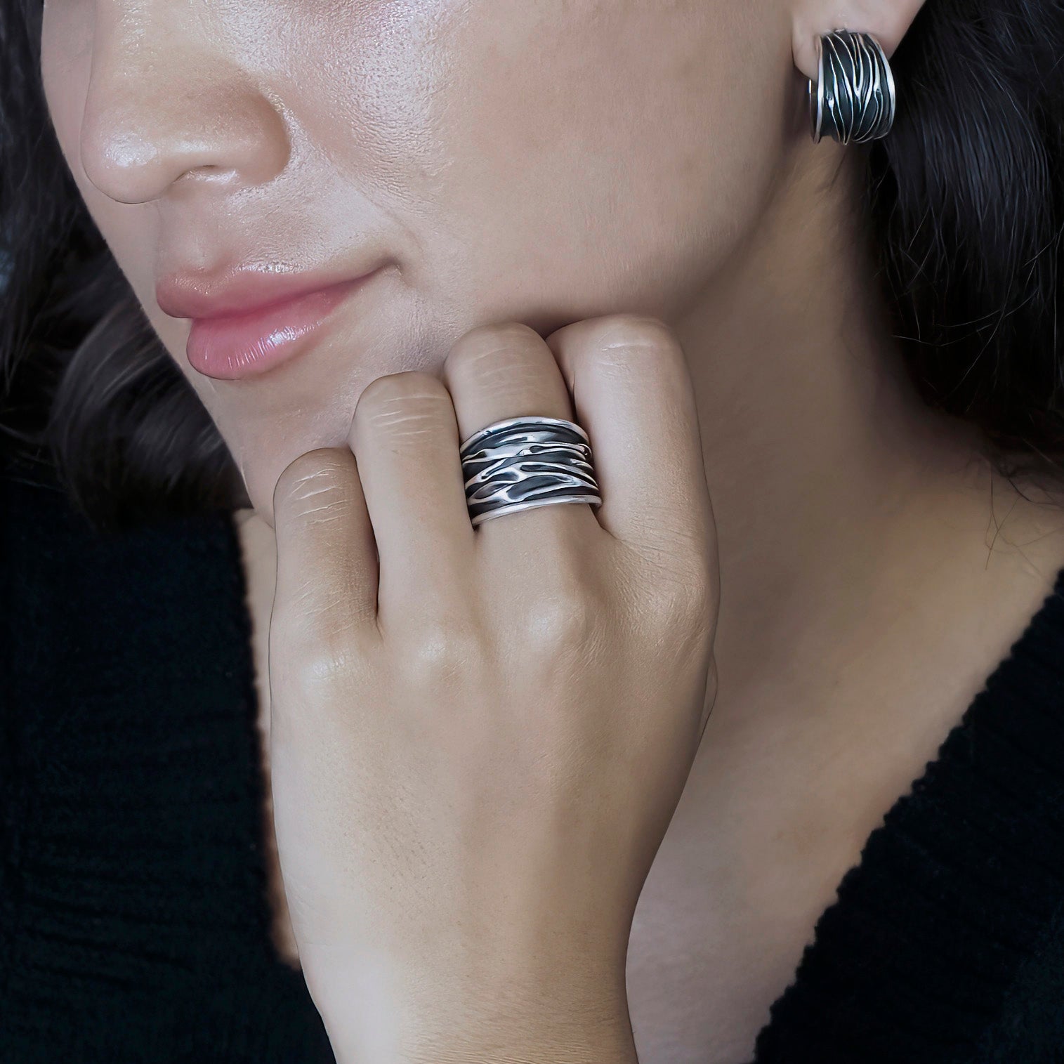 Corrugated Mexican Silver Wide Band Ring - Reveka Rose