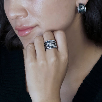 Wide Corrugated Silver Hoop Earrings