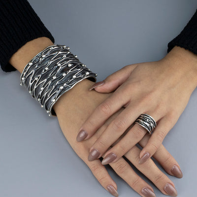 Midnight Waves Wide Silver Cuff Bracelet
