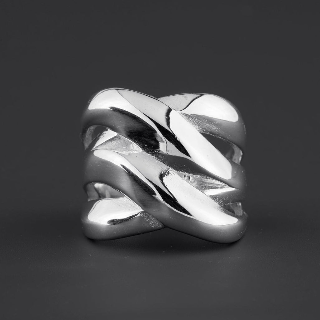 criss cross wide band sterling silver ring