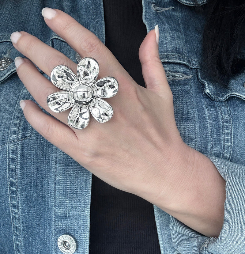 daisy flower chunky silver ring