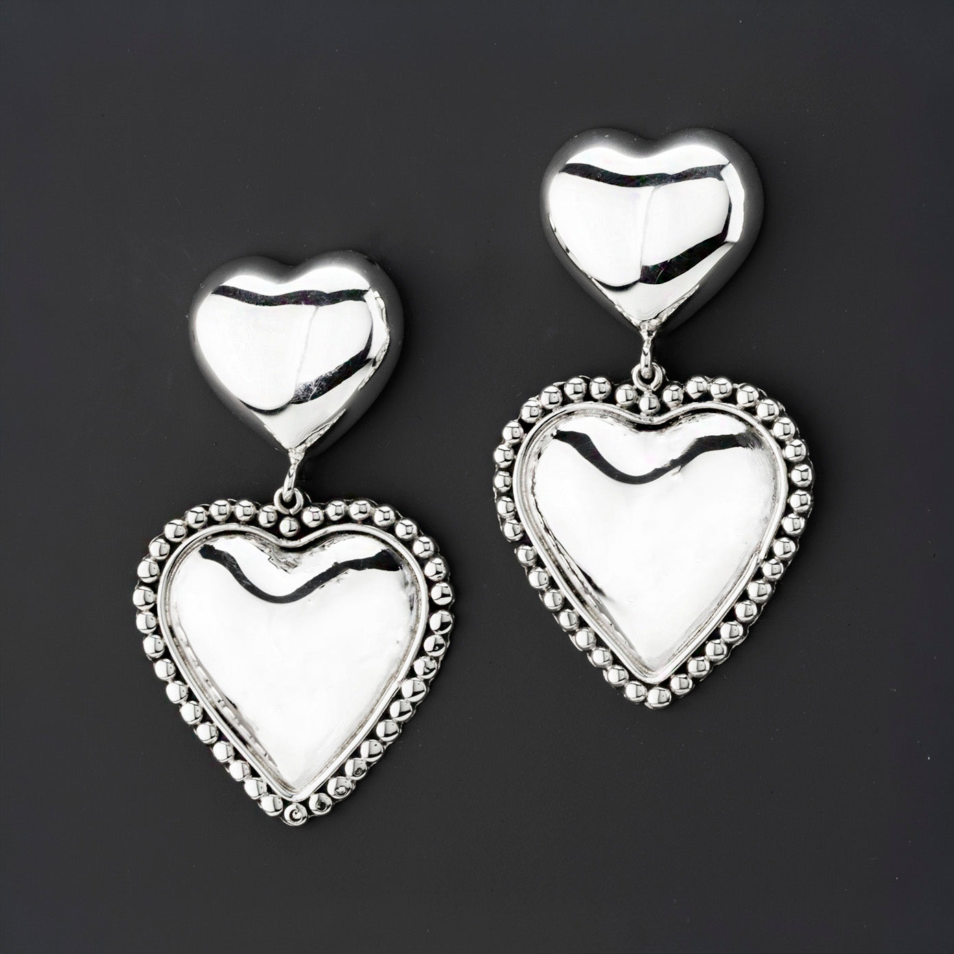 Large Double Heart Sterling Silver Dangle Earrings - Reveka Rose